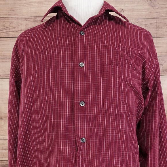 VAN HEUSEN LONG SLEEVE DARK RED CHECK BUTTON DOWN SHIRT MENS L 16-16.5 - Picture 1 of 7